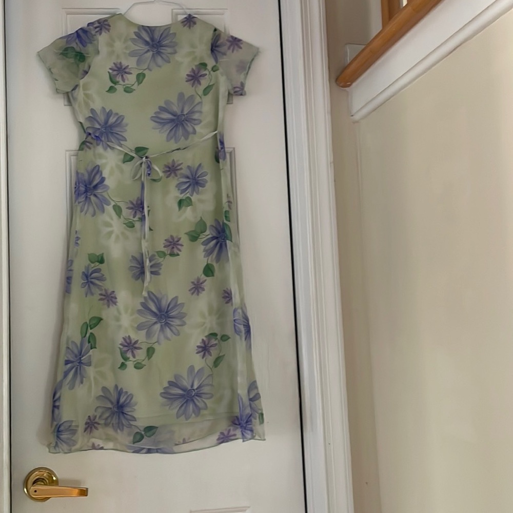 Girls dress, spring green pastel floral, beaded size 7.
